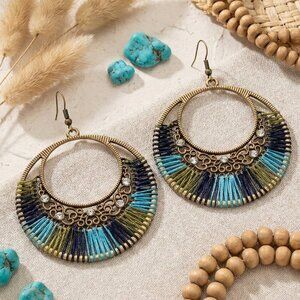 Boho Statement Hoop Earrings Thread Wrapped Filigree Bronze Rhinestone Dangle